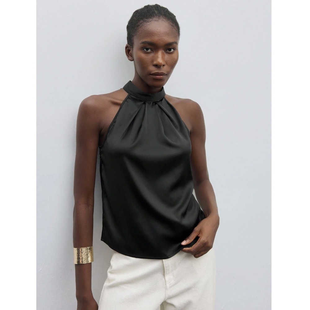 Black Satin Halter Blouse Top - Picture 2 of 8
